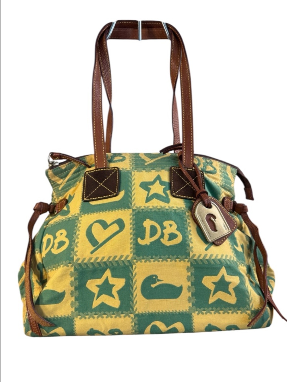 Dooney & Bourke Green & Yellow Patch Pattern Leather-Trim Tote